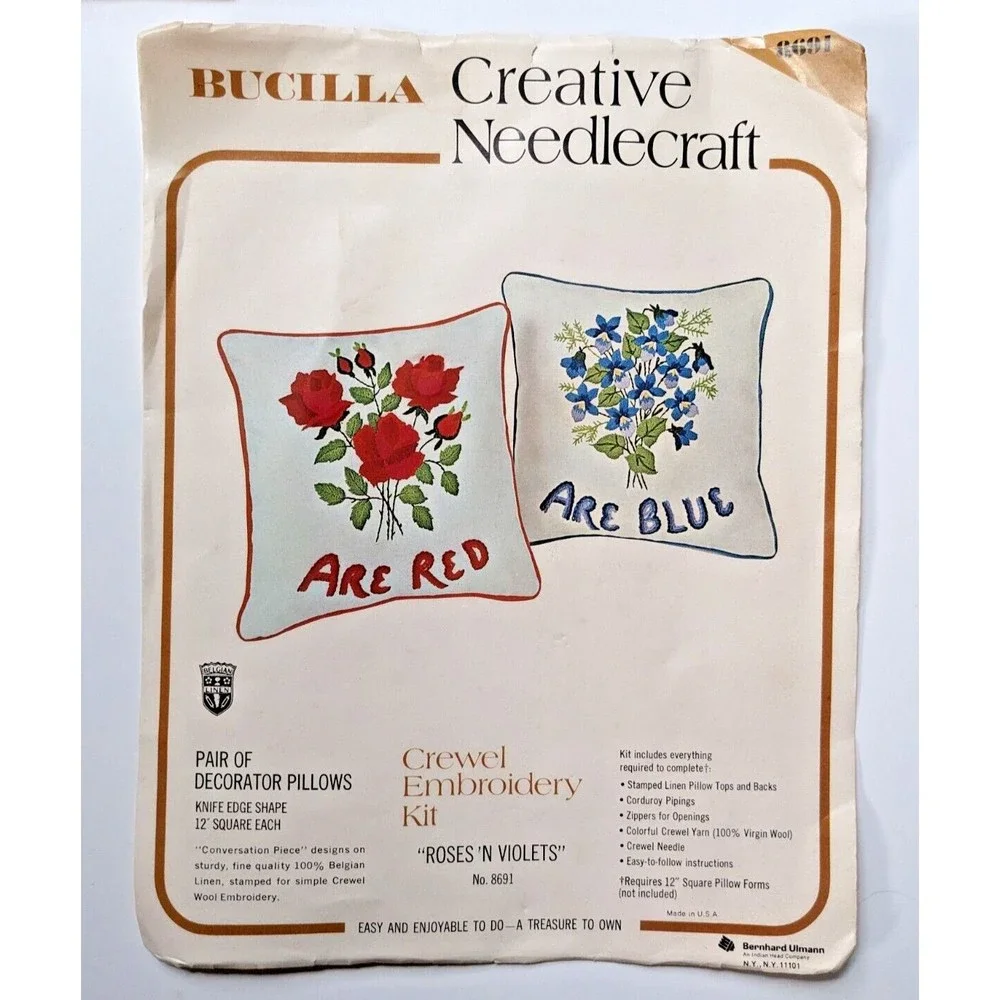 ROSES 'N‎ VIOLETS Vintage Bucilla Crewel Embroidery Kit Pair of Pillows NEW